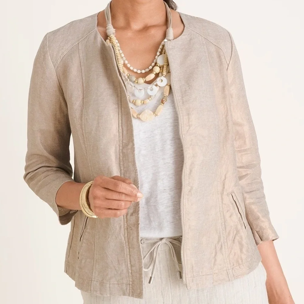 Chico’s Foiled Linen Boho Lagenlook Metallic Jacket 8/10